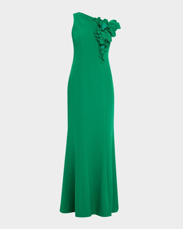 One-Shoulder Floral Applique Stretch Crepe Gown